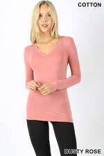 Women's V Neck Long Sleeve Cotton T Shirt Stretch Soft Basic Plain Layering Top
