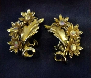 Vintage Schmuck goldene drei Blumen AB Strass Clip Ohrringe - Bild 1 von 4