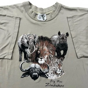 Vintage Zimbabwe Animals Go Wild T-Shirt Herren S beige Baumwolle Big Five Wildlife 90s - Bild 1 von 6