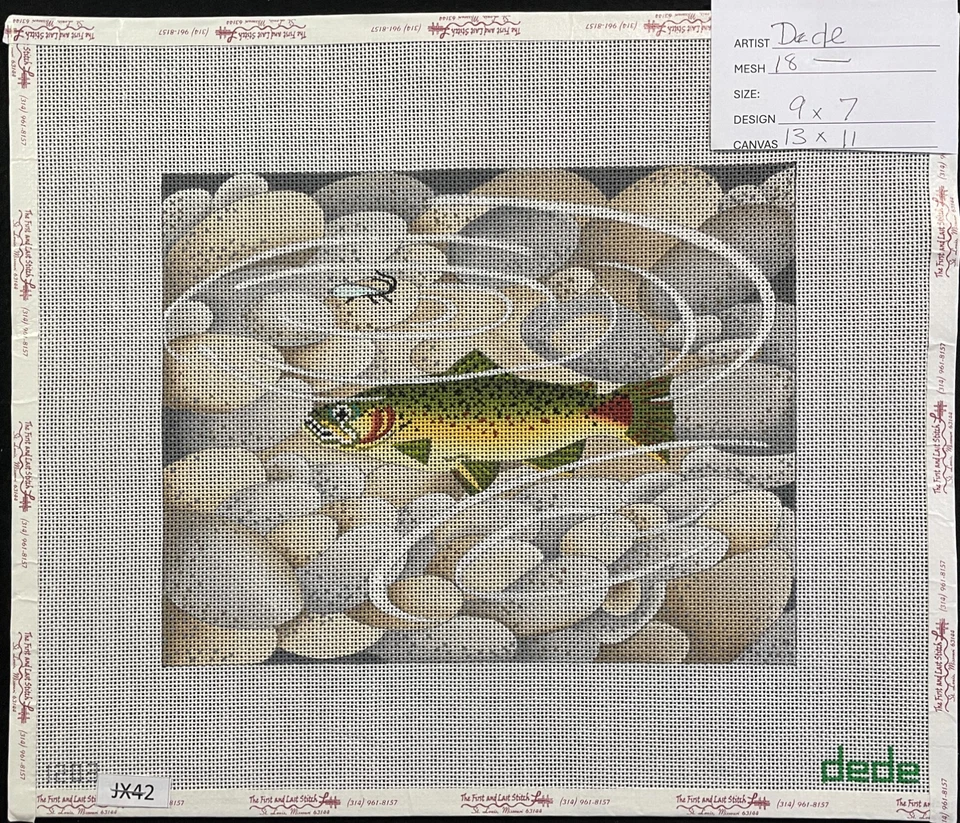 HP Needlepoint 18ct DEDE Rainbow Trout & Fishing Lure above River Rocks-JX42 - Image 1 of 1