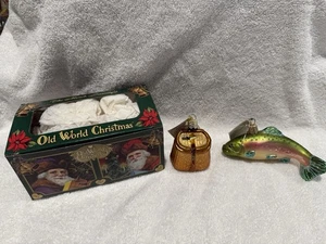 2 Old World Christmas Ornament By Merck Family Fishing Creel & Rainbow Trout - Picture 1 of 8