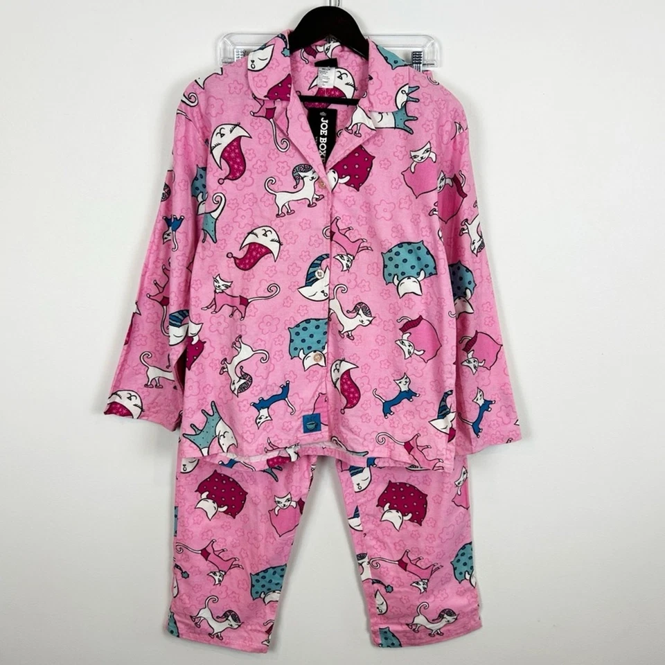 Conjunto de pijama de franela estampado gato rosa intenso boxer vintage Y2K Joe nuevo con etiquetas talla mediana Foto 1 de 4