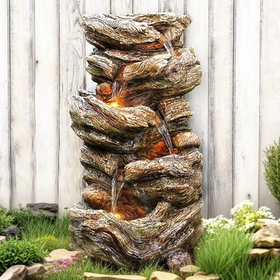 32" High Outdoor Water Fountain, 5-Tiers Cascading Rock Waterfall with LED Li... - Image 1 of 4