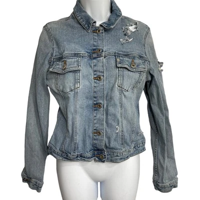 Chaqueta vaquera plateada para mujer talla M azul rasgado desgastado Y2K años 2000 Foto 1 de 4