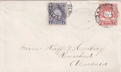 1894 Perú PSE 10c Armas upr 1c, atado CALLAO a Alemania, llegada Renscheid Foto 1 de 2