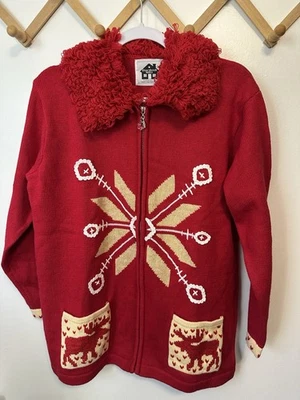 Storybook Knits Vintage Red Snowflake Moose Full Zip Cardigan Sweater 90s Medium - Image 1 of 4