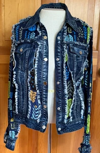 Adore Washed Denim Raw Edge Floral Mixed Media Jacket Size S boho sheer lace - Bild 1 von 10
