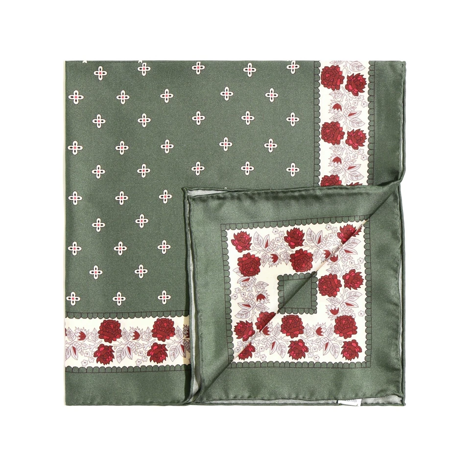 Men's Silk Pocket Square Olive Green Floral Rose Pattern 21" 53cm Suit Accessory - Image 1 of 4