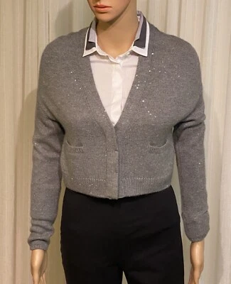 全新带标签 Brunello Cucinelli 灰色羊绒丝绸耀眼亮片开衫毛衣 XS — 第 1/4 张图片