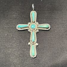 Vtg Native American Zuni Turquoise & Silver Cross Pendant Handmade Signed Massie