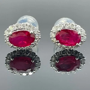Estate Pigeons Blood Ruby & Diamond Platinum Stud Earrings 1.33ctw - Picture 1 of 5
