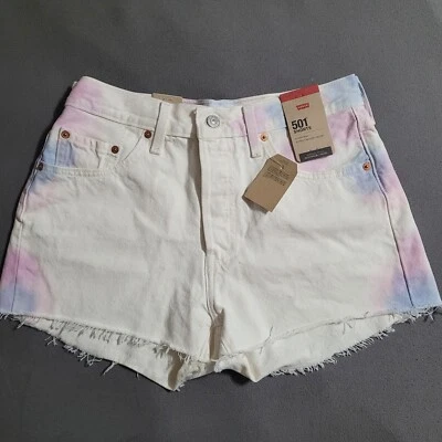 LEVI'S 501 SHORTS Mujer Talla 29 Blanco, Rosa y Azul Tie Dye Corte Alto Foto 1 de 4