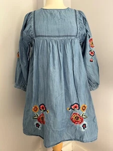 Girls' demin blue Zara Kids empire waist floral patchwork dress size 13/14 - Picture 1 of 16