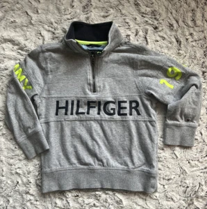Tommy Hilfiger Big Logo Boys Size 4 Pullover Sweatshirt 1/4 Zip Gray Navy Blue - Picture 1 of 5