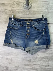 Express Jeans Shorts Womens Size 6 Blue Denim Button Fly Cuffed Distressed - Picture 1 of 9