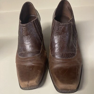 Botines Antonio Melani Cuero Marrón Talla 8M Floral Repujado Cuadrado Occidental Foto 1 de 4