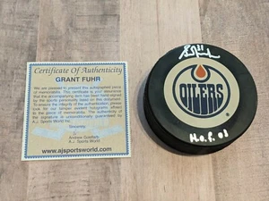 Grant Fuhr Firmado Puck AJ Sports Certificado de Autenticidad HOF 03 Edmonton Oilers Azul Hojas de Arce - Imagen 1 de 5