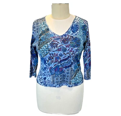 Forbidden - Blusa XL para mujer azul púrpura floral estampado cachemir con cuentas cuello en V Foto 1 de 4