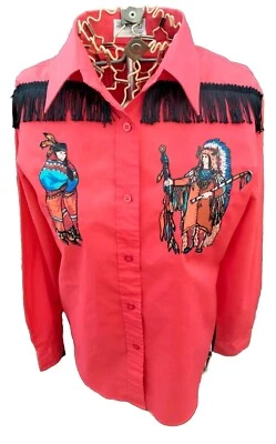 Red Rodeo Shirt Youth Size 14 Vtg Fringe Hand Sewn Indians Cowboy Black Fringe - Image 1 of 4