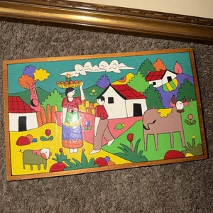 Vintage La Palma El Salvador handbemalt Volkskunst bunt Bauernhof - Bild 1 von 3