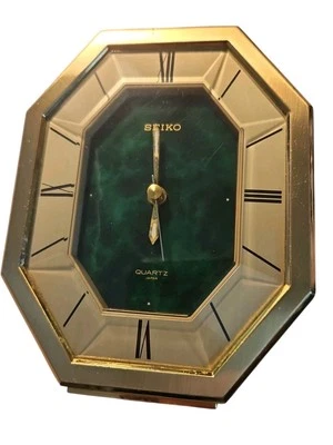 Seiko Quartz desk or table Alarm Clock, dark green face, hexagonal dial, QEJ196M - Image 1 of 3