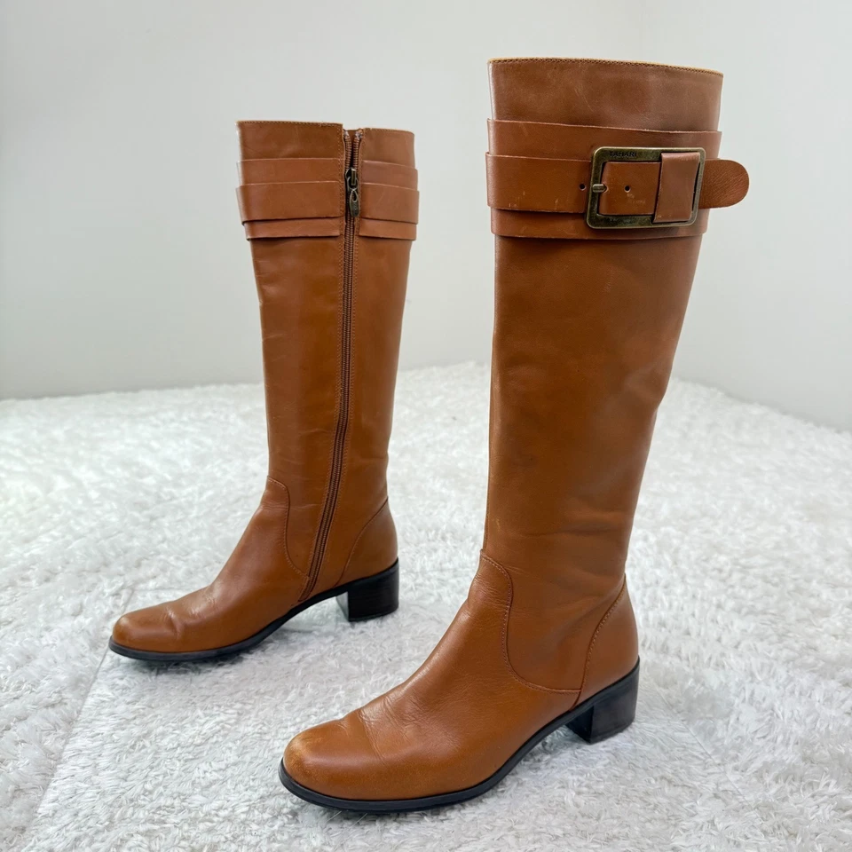 Botas de equitación Tahari para mujer 6,5 hebilla cuero Kaley marrón ecuestre preppy Foto 1 de 4