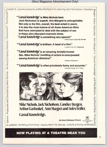 Carnal Knowledge Film Jack Nicholson Movie Promo Vintage 1971 Advertisement - Picture 1 of 5