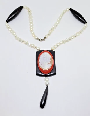 Collar de perlas de madera ebonizada camafeo camafeo de plata esterlina Scognamiglio 21" M+M Foto 1 de 4