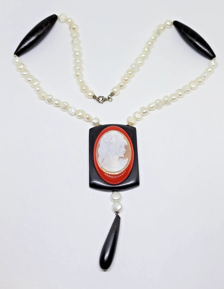 Collar de perlas de madera ebonizada camafeo camafeo de plata esterlina Scognamiglio 21" M+M Foto 1 de 1