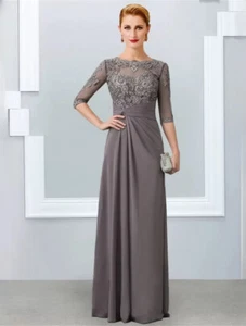 Jewel Neck Half Sleeves Appliques Floor Length Chiffon Mother of the Bride Dress - Picture 1 of 13