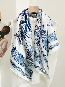 Pure Mulberry Silk Wrap Shawl Bandanna Shawl Birds Print Square Scarf 43\" Blue - Picture 1 of 7