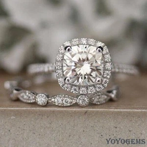 Conjunto de anillo de compromiso nupcial de moissanita corte cojín de 2,50 quilates oro blanco sólido de 14 quilates - Imagen 1 de 8