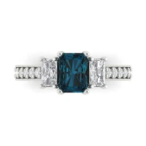 1.88Ct Emerald Natural London Blue Topaz 3 Stone Engagement Ring, 14K White Gold - Picture 1 of 11