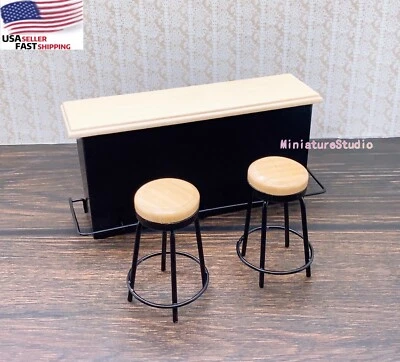 Dollhouse Miniature 1/12 Taproom Bar Counter Table Pub With 2 stools Furniture - Image 1 of 4