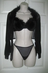 Sexy 3-teiliges Set Damen Medium Intimbekleidung schwarz weinrot Federbesatz - Bild 1 von 12