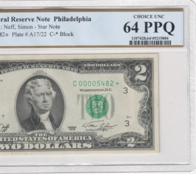1976 $2 Two Dollar Star Philadelphia C00005482* Low Serial Number PCGS Graded 64 - Image 1 of 3
