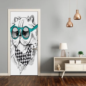 3D Wall Sticker Decoration Self Adhesive Door Wall Mural Kids Cat with glasses - Picture 1 of 6