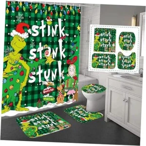 4 Pcs Christmas Shower Curtain Sets with Non-Slip Rugs, Toilet Lid Cover Green - Picture 1 of 8