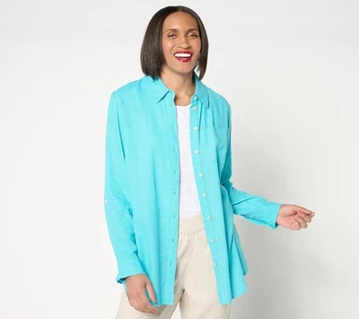 Túnica Denim & Co. Naturals mistura de linho botão frontal-azul aqua-grande-NOVO-A643833 - Imagem 1 de 2