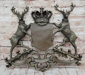 Coat of Arms Family Crest Stags Crown Bronze Metal Wall Hanging Plaque Decor - Picture 1 of 10