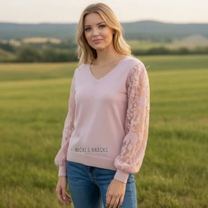 Sioni Pink Sweater Lace Puff Sheer Sleeves Romantic Coquette Cottagecore Size S - Picture 1 of 11