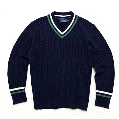 Vineyard Vines Men XL Varsity Cable Knit V Neck Sweater Navy Preppy Wool Cotton - Image 1 of 4
