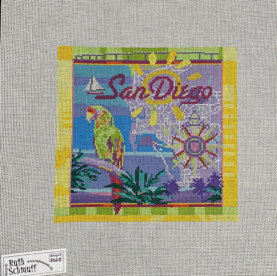 Ruth Schmuff Designs, San Diego Map, Hand Painted Needlepoint Canvas - Image 1 of 1