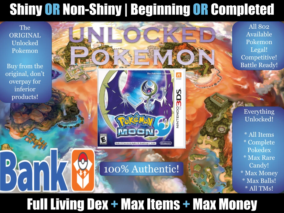 DELUXE Pokemon Moon - All Pokemon! Over 966 Total, Max Items, Balls, Z-Stones! - Image 1 of 2