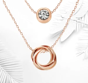 Halskette Rotgold doppellagig Lünette 1 kt rund Zirkonia Alltag - Bild 1 von 3