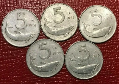 VERY NICE LOT 5 ITALY 5 LIRE COINS-1951,1952,1953,1954,1955-AGT601 - Image 1 of 2