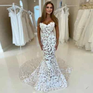 Off Shoulder Mermaid Wedding Dresses Sequined Floral Lace Bridal Gowns Train - Picture 1 of 11