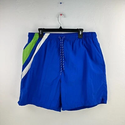 Vintage 90s Trader Bay Swim Shorts Trunks Mens L Blue Green Striped Drawstring - Image 1 of 4
