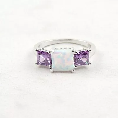 Sterling Silver 2.25 cttw White Opal And Purple Cubic Zirconia Ring - Image 1 of 4