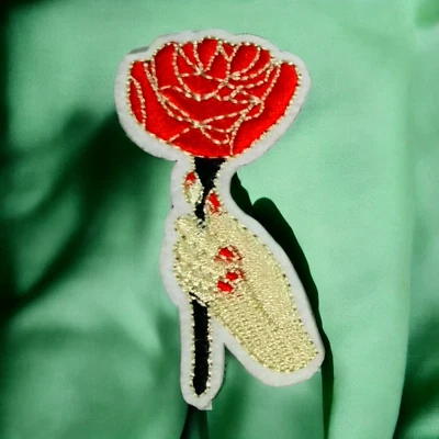 Iron On Patch Hand Holding Rose Cartoon Clothing Decal Embroidery - Image 1 of 2